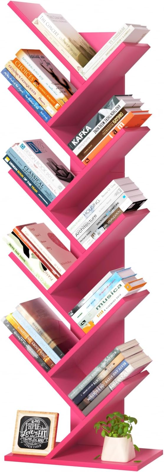 10 Tier Tree Book Shelf, Floor Standing Wood Bookshelf for Narrow Space, Storage Organizer Bookshelves for Books/CDs/Magazine, Bookcase with Shelves for Home Office, Living Room - Pink