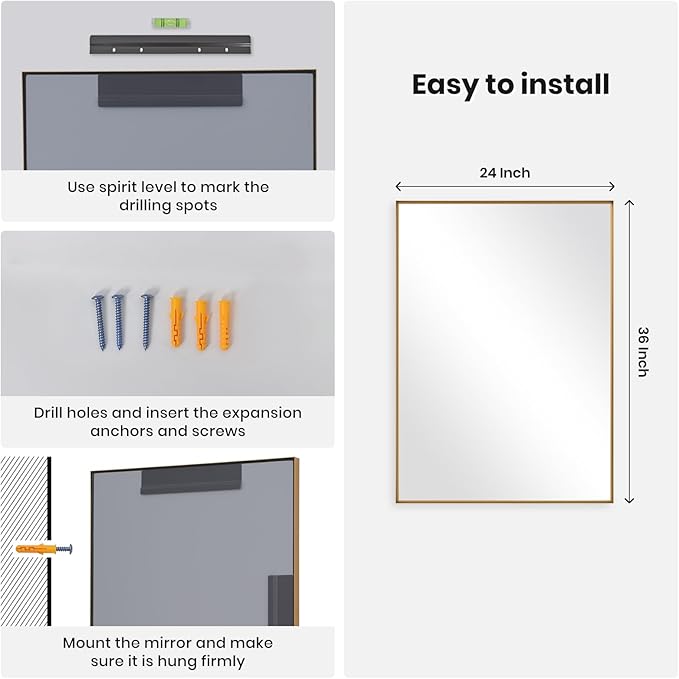 Melodieux Wall Vanity Bathroom Mirror for Over Sink, 24"x36" Rounded Rectangle Metal Deep Frame Wall Mounted Mirror Wall Decor for Living Room Hallway, Gold