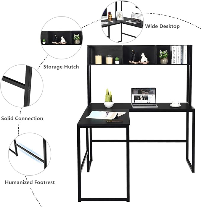 Tangkula Reversible L-Shaped Desk with Hutch, Space Saving Corner Computer Desk with Storage Shelves, Home Office Study Writing Desk Computer Workstation with Storage Bookshelf, Gaming Desk