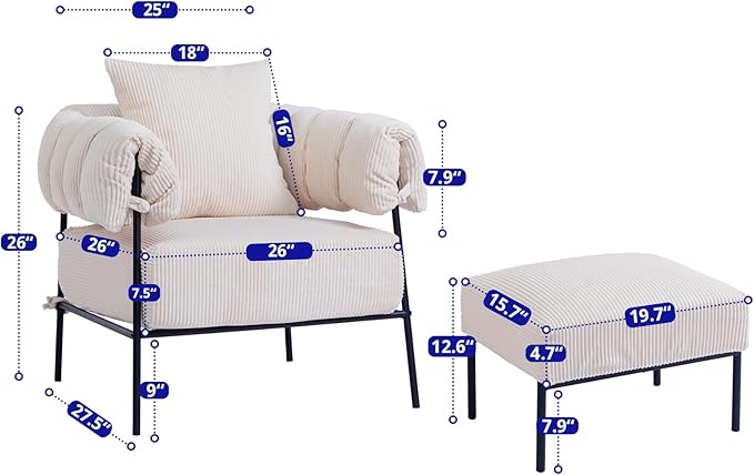 HollyHOME Modern Velvet Accent Chair with Ottoman, Upholstered Comfy Reading Chair and Footstool, Fabric Large Lazy Arm Chair and Stool, Lounge Sofa Chair for Living Room, Bedroom, Beige Chair&Stool