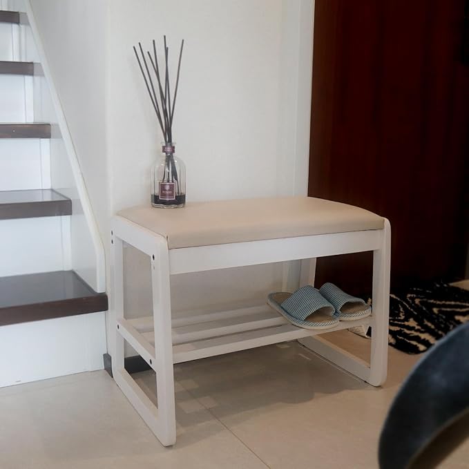 Solid Wood Shoe Rack, 2 Tier Shoe Storage Bench with Cushion Seat, 6 Pair Shoe Organizer for Entryway, Small, White, 24 Inch