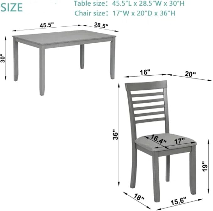 5-Piecern Dining Table Set, Kitchen Set with One Rectangular Table and 4 Upholstered Chairs, Living Room Chairs with Ladder Backrest and Comfortable Seat Cushion, Wooden Dining Furniture, Gary