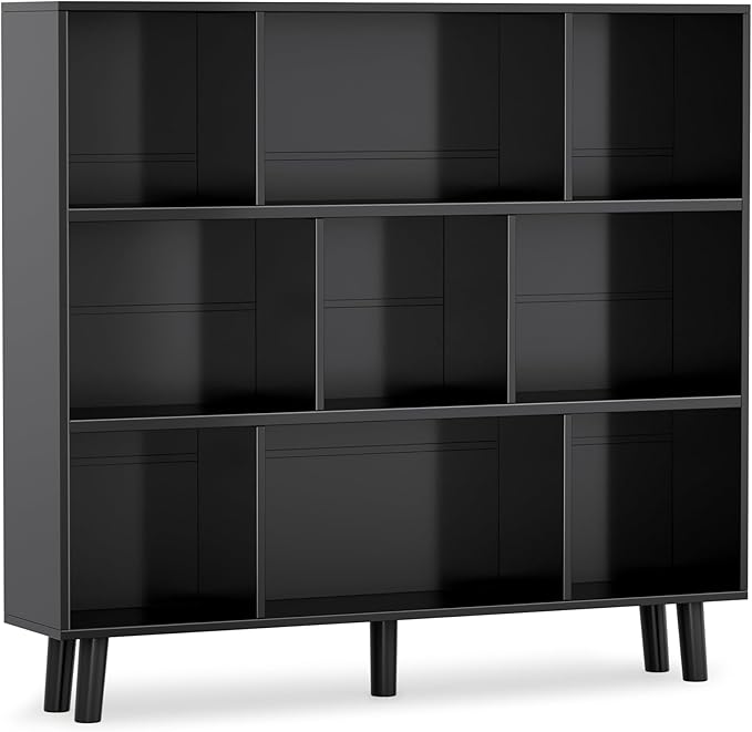 YESHOMY 9 Black Cube Bookcase, Open Frame 3-Tier Book Shelf, Bookshelf Storage Organizer with Feet & Anti-Tilt Device for Organization, Room Decor