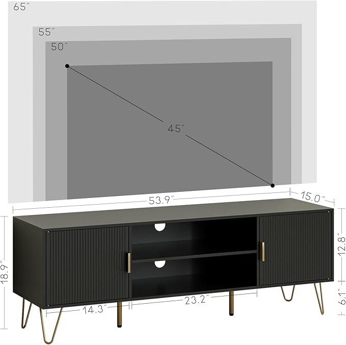 TV Stand for 55-65 inch TV, Entertainment Center with Soft Hinge Door,TV Console Table with 2 Cabinets with Gold Handle and Feet,for Living Room, Bedroom, Black