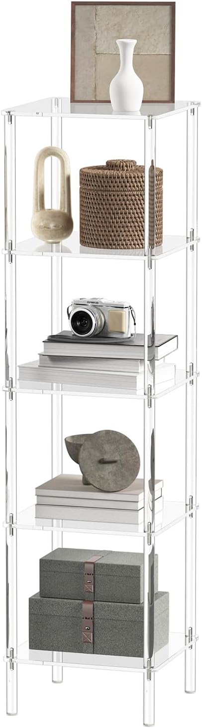 5 Tier Square Acrylic Bookshelf, Small Bookcase with Acrylic Fittings for Fixing to Wall, Corner Display Shelf for Living Room, Bedroom, Bathroom, Small Spaces, Clear, 11.6'' W x 44'' H