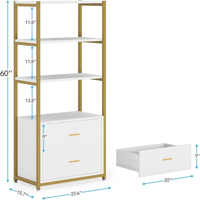 Tribesigns Bookcase, 4-Tier Bookshelf with 2 Drawers, Etagere Standard Book Shelves Display Shelf for Home Office (Gold/White)