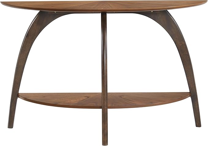 Martin Svensson Home LAX Two-Tone 48-Inch Caramel Brown Half-Moon Wood Sofa Console Table with Walnut Legs and Shelf Storage
