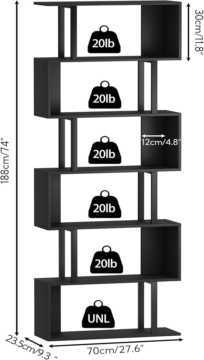 Yusong S Shaped Bookshelf, Modern Geometric Bookcase, 6-Tier Black Display Case Book Shelf