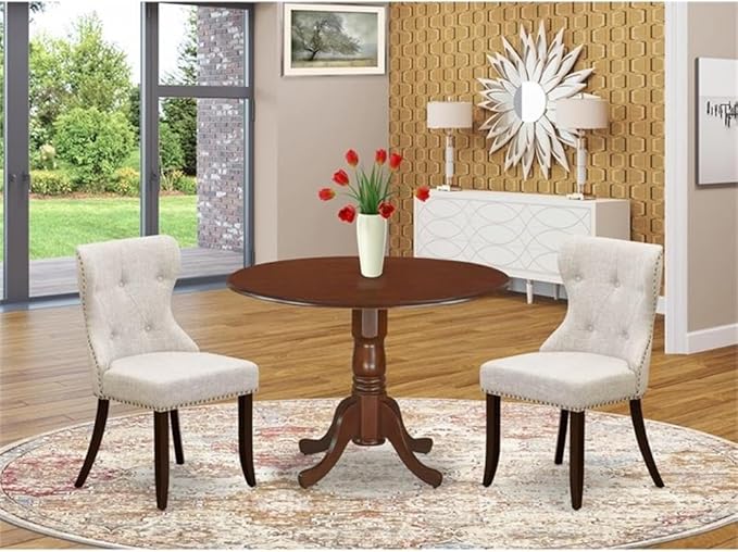 East West Furniture DLSI3-MAH-35 3 Piece Kitchen Table Set Contains a Round Dining Table with Dropleaf and 2 Doeskin Linen Fabric Parson Dining Room Chairs, 42x42 Inch, Mahogany