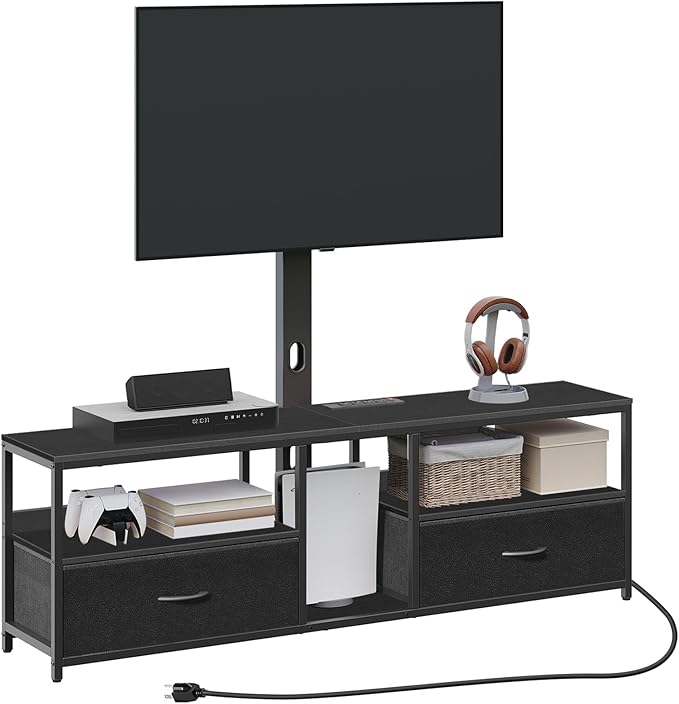 TV Stand with Mount for up to 65", Entertainment Center with Switch-Controlled Charging Station, Swivel TV Stand Mount with Fabric Drawers, for Living Room, Black TVBK154E01