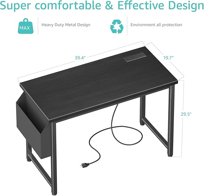 Lufeiya 39 inch Computer Desk with Power Outlet, 40 inch Teen Study Table Home Office Work Writing Desks with Charging Station Outlets Built in, Black