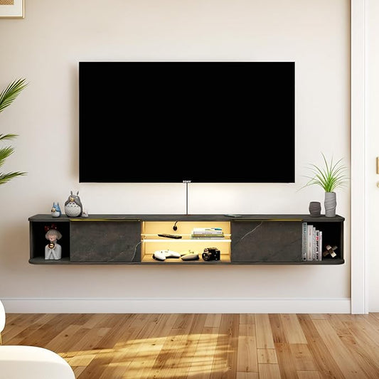 Pmnianhua LED Floating TV Stand with 2 Drawers,63'' Under TV Shelf with LED Lights,Wall Mounted TV Console,Floating TV Shelf with Storage for Bedroom Playroom Living Room(Dark Grey)