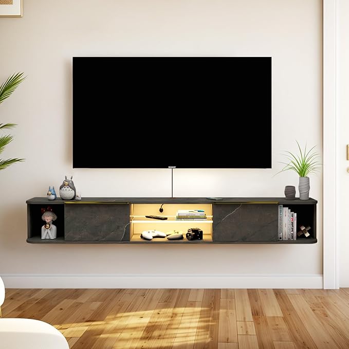 Pmnianhua LED Floating TV Stand with 2 Drawers for 75 inch TV,70'' Floating TV Console with LED Lights,Floating Entertainment Shelf with Storage for Bedroom Playroom Living Room(Dark Grey)