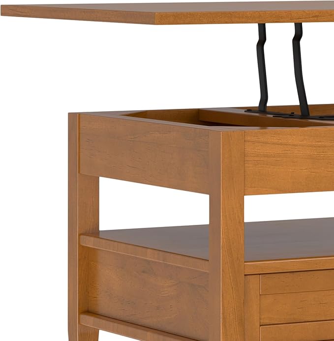 SIMPLIHOME Warm Shaker Lift Top Coffee Table - 48 inch Wide Solid Wood Cocktail Table in Light Golden Brown, Transitional Living Room Table with Hidden Storage, 2 Drawers, and Open Shelf
