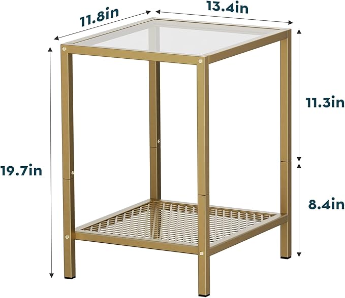 SAYGOER Glass Side Table Small Gold End Table for Narrow Space 2-Tier Square Nightstand with Storage,13.3" x 11.8" x 19.7",Modern Bed Side Table with Metal Frame for Bedroom Living Room, Easy Assembly