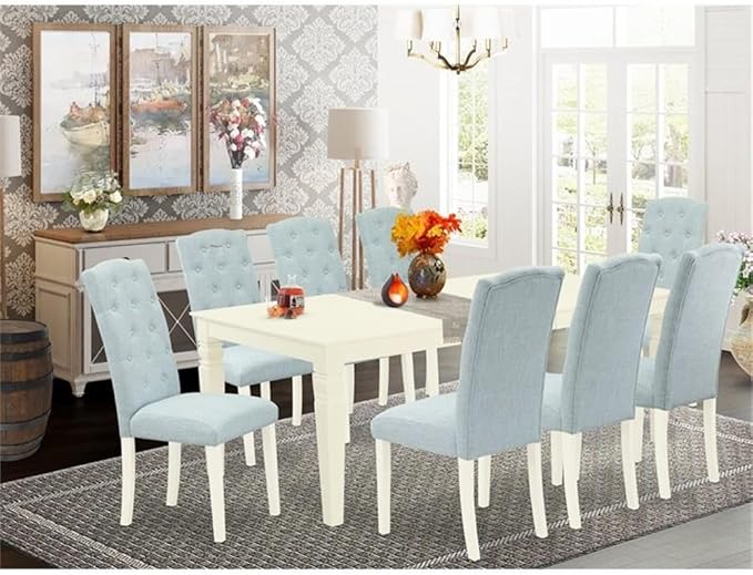 East West Furniture LGCE9-LWH-15 9 Piece Dining Room Table Set Includes a Rectangle Kitchen Table with Butterfly Leaf and 8 Baby Blue Linen Fabric Parsons Chairs, 42x84 Inch, Linen White