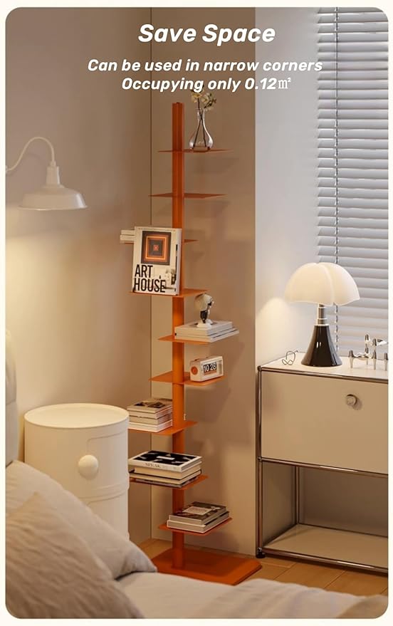 9-Tier Spine Bookshelf Metal Bookcase 5 Colors Vertical Bookshelf Tower Rotating Tall Narrow Bookshelf Ladder Book Rack Indoor (White)