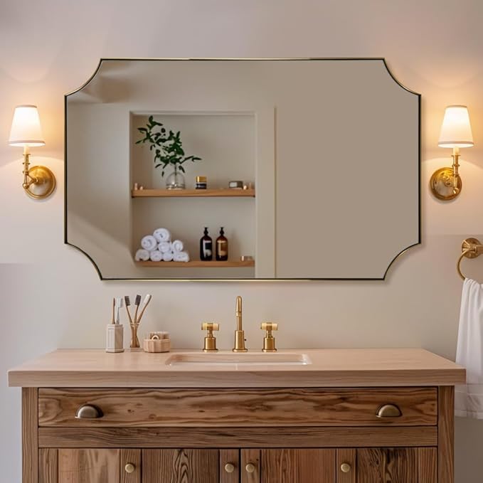 ANDY STAR Gold Scalloped Rectangle Mirror, 24x40 Inch Rectangle Bathroom Mirror, Accent Rectangular Mirror with Scalloped Edge Corner, Brass Bathroom Mirror with Anti-Rust Finish, Horizontal/Vertical
