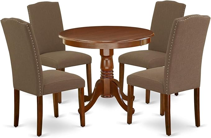 East West Furniture ANEN5-MAH-18 5 Piece Dining Table Set for 4 Includes a Round Kitchen Table with Pedestal and 4 Dark Coffee Linen Fabric Parson Dining Chairs, 36x36 Inch, Mahogany