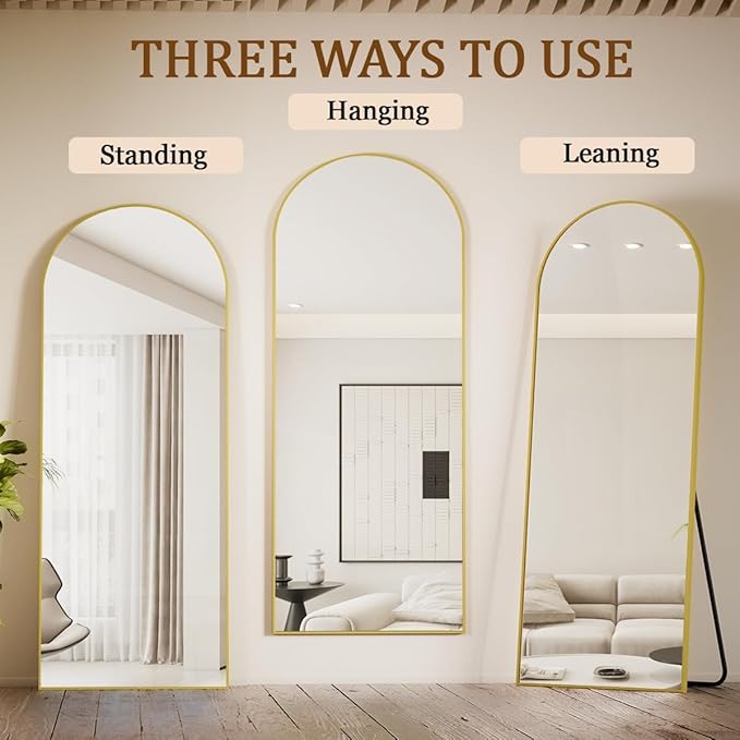 Koonmi Full Length Mirror, 65"x24" Arched Gold Mirror Full Length, Standing Hanging or Leaning Full Body Mirror with Aluminum Alloy Frame for Living Room and Bedroom