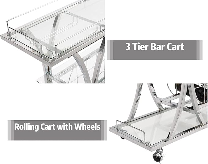 Silver Bar Carts with Glass Holders & Wine Rack,3 Tier Home Bar Serving Carts with Glass Shelves,Metal Rolling Bar Carts for The Home Kitchen, Party