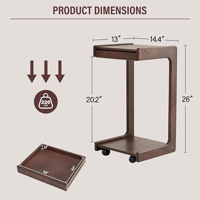 CozyDH C Shaped Solid Wood End Table, Rolling Side Table TV Sofa Tray Table for Eating,Multi-Purpose C Couch Arm Table, Small Coffee Table with Wheels Living Room Bedroom, Walnut