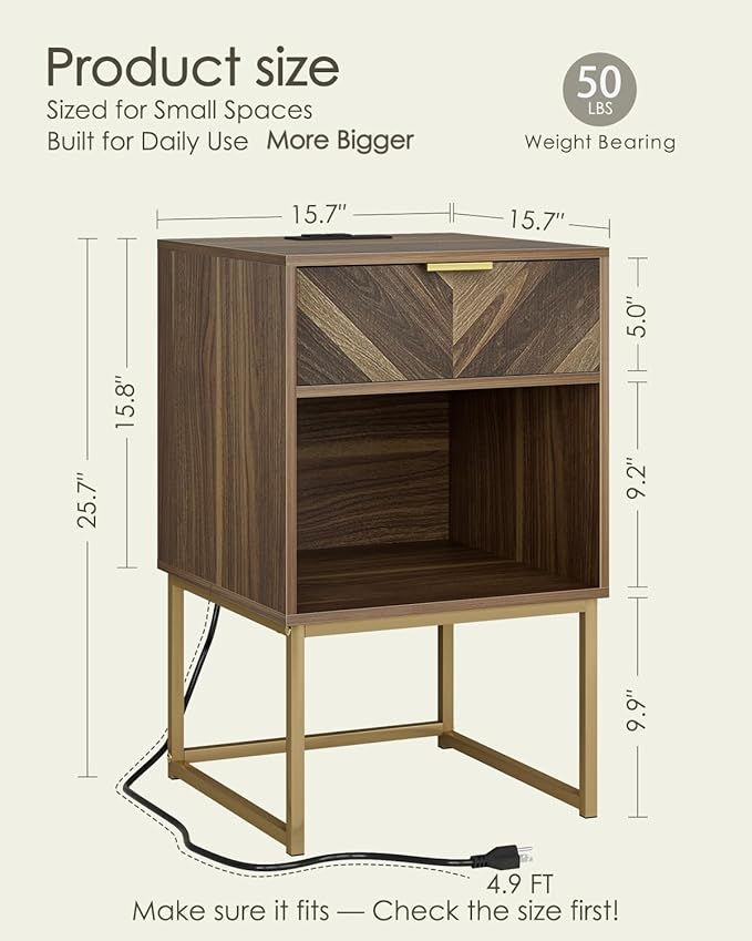 Nightstand with Charging Station,Modern Night Stand Boho Farmhouse Wood Bedside Table with Storage Drawer and Open Shelf,Side End Table for Bedroom,Living Room,Walnut