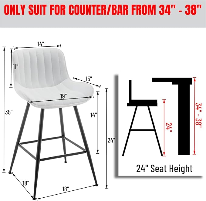24’’ Bar Stools Set of 2 Modern Barstools White Bar Stools with Fabric Upholstery Counter Height Bar Stools with Low Back Stools for Kitchen Counter, Bar, Pub, Cafe (White).