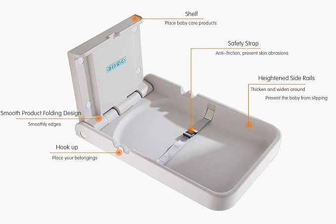 Baby Changing Diaper Station - Vertical Wall Mounted, Sturdy & Durable- with Safety Straps for Commercial Restrooms(White Granite)