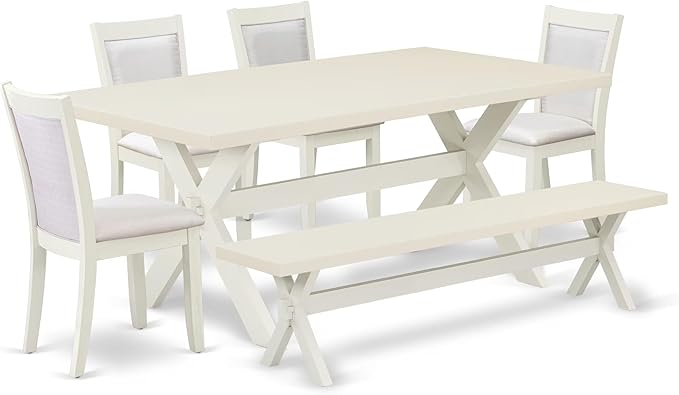 East West Furniture X027MZ001-6 6 Piece Kitchen Table Set Contains a Rectangle Dining Table with X-Legs and 4 Cream Linen Fabric Upholstered Chairs with a Bench, 40x72 Inch, Multi-Color