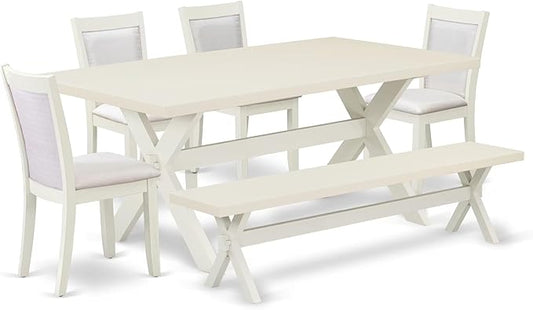 East West Furniture X027MZ001-6 6 Piece Kitchen Table Set Contains a Rectangle Dining Table with X-Legs and 4 Cream Linen Fabric Upholstered Chairs with a Bench, 40x72 Inch, Multi-Color
