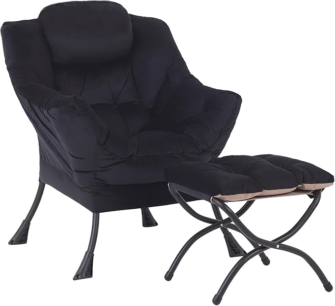 Lazy Chair with Ottoman, Modern Accent Chair Contemporary Lounge Leisure Sofa Chair with Armrests, Reading Chair and Folding Footstool Set for Living Room, Bedroom, Office, Velvet Black
