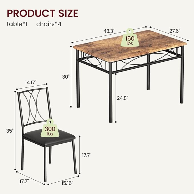 GAOMON Dining Table Set for 4, Rectangle Kitchen Table with 4 Upholstered Chairs Set for 4, 5-Piece Compact Apartment Kitchen & Dining Room Set Furniture for Small Spaces, Space-Saving, Rustic Brown