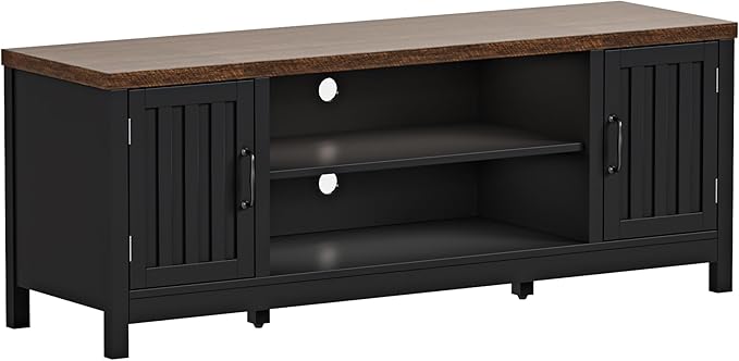 ChooChoo Farmhouse TV Stand for Televisions up to 65 inches, Entertainment Center Console Table Media Furniture with Storage Cabinets and Open Shelves, Fluted Door, for Living Room Bedroom, Black