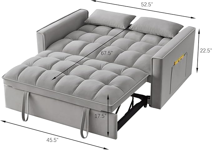 KEIKI Velvet Loveseat Convertible Sofa Bed Sleeper Chair with Adjustable Backrest, Pillows & Storage Pockets, 3 in 1 Pull-Out Couch Chaise Lounge Recliner for Living Room Balcony Bedroom, Grey
