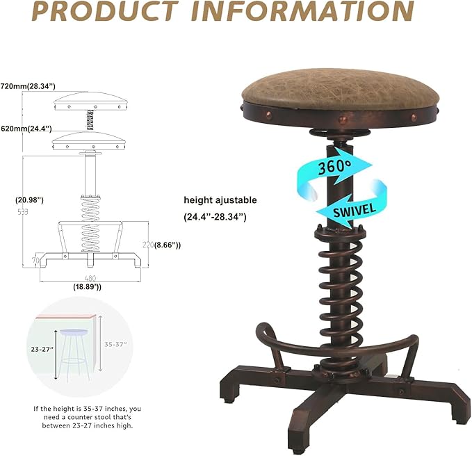 Topower Industrial Retro Vintage Farm PU Seat Tractor Stool Kitchen Swivel Height Adjustable bar Stool Copper
