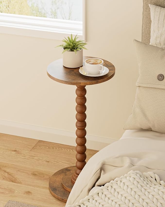 Masupu Round Side Table, Small Drink Table for Small Spaces, Pedestal End Table with Solid Wood Leg for Living Room, Bedroom, Corners(Rustic Brown)