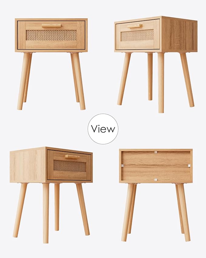 Rattan Nightstand, Small Night Stand, Side Table with Drawer Open Shelf, Cane Accent Bedside End Table with Wood Legs, Bohemian Wood Nightstand for Bedroom, Oak (Bohemian)