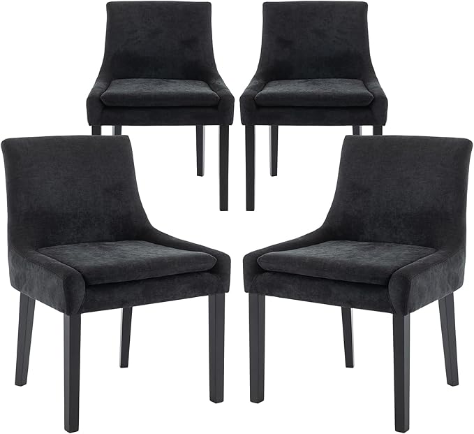 COLAMY Modern Dining Chairs Set of 4, Upholstered Corduroy Accent Side Leisure Chairs with Mid Back and Wood Legs for Living Room/Dining Room-Black
