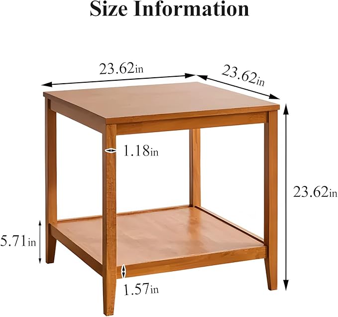 Side Table, Solid Wood Square End Table with Storage Shelf, 2-Tier Coffee Table for Living Room, Rubber Wood Small Sofa Table, Nightstand 23.62 H x 23.62 W x 23.62 D Inches (Natural)