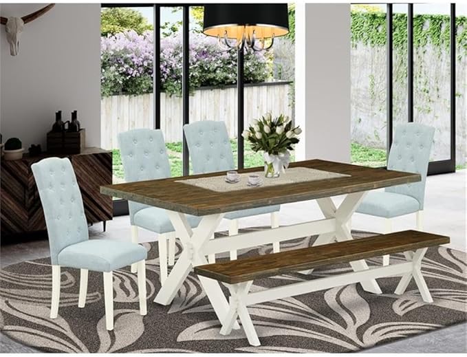 East West Furniture X077CE215-6 6 Piece Dining Table Set Contains a Rectangle Dining Room Table and 4 Baby Blue Linen Fabric Parson Chairs with a Bench, 40x72 Inch, Multi-Color