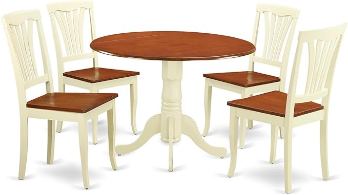 East West Furniture DLAV5-BMK-W 5 Piece Kitchen Table Set for 4 Includes a Round Dining Room Table with Dropleaf and 4 Solid Wood Seat Chairs, 42x42 Inch, Buttermilk & Cherry