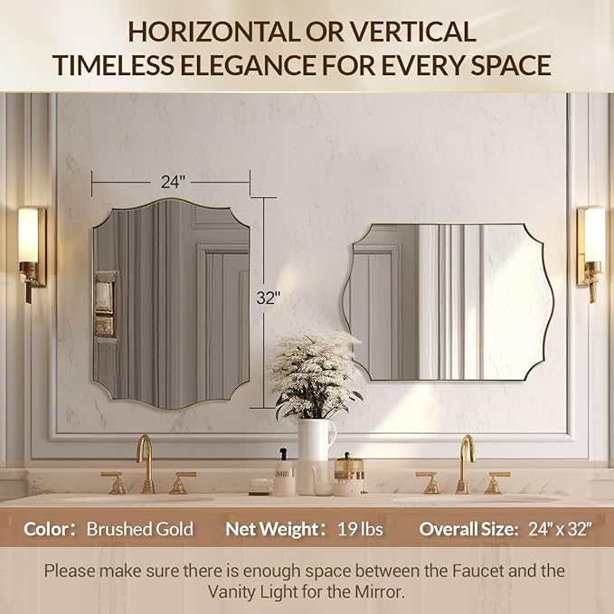 24x32 Gold Mirror, Brushed Gold Scalloped Mirror for Bathroom in Premium Stainless Steel Metal Thin Frame Deep 1", Antique Brass Irregular Wall Mirror Hangs Horizontal or Vertical