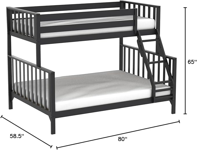 Max & Lily Bunk Bed, Scandinavian Modern Bunk Bed, Solid Wood Twin Over Full Bed Frame for Kids, No Box Spring Needed, Black