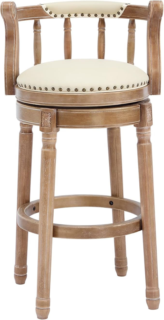 CozyRain Bar Stools Modern Swivel Barstools,Kitchen Counter Genuine Leather Upholstered Vintage Barstool for Home Kitchen Dining Room (Beige, Seat Height 29.5 in)