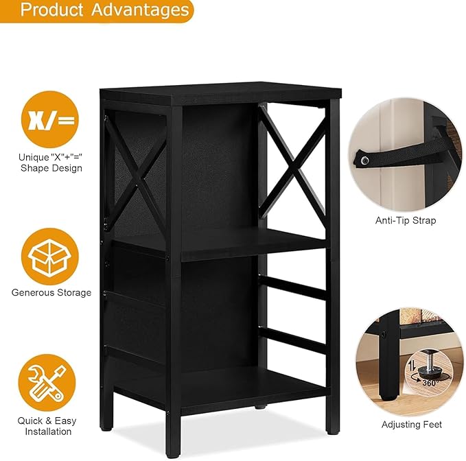 Small Bookshelf,3 Tier Industrial Bookcase with Metal Frame and Backboard,Low Black Book Shelf,Book case for Small Spaces,Living Room,Bedroom and Home Office