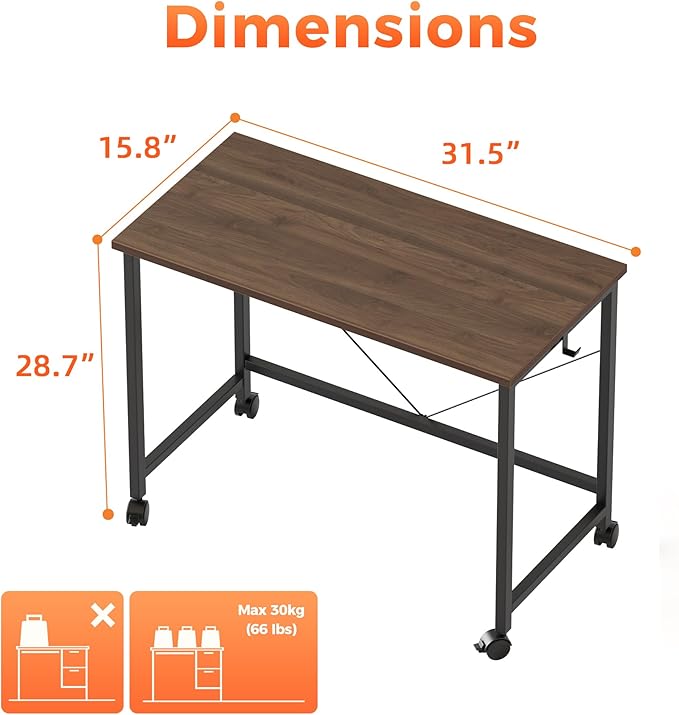 Rolling Computer Desk with Wheels, Gaming Desk for Small Spaces, Modern Simple Style Table for Home Office, Study Writing Table (Caster, Walnut, 32 inch)