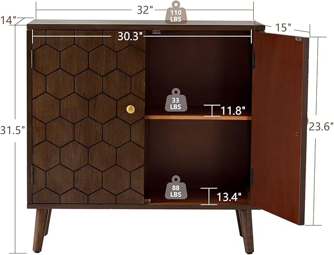 COSIEST Set of 2 32" Storage Sideboards with Doors, Accent Cabinets with Magnetic Push-to-Open Doors, Brown Honeycomb Pattern, Entryway Console for Living Room, Kitchen, Hallway