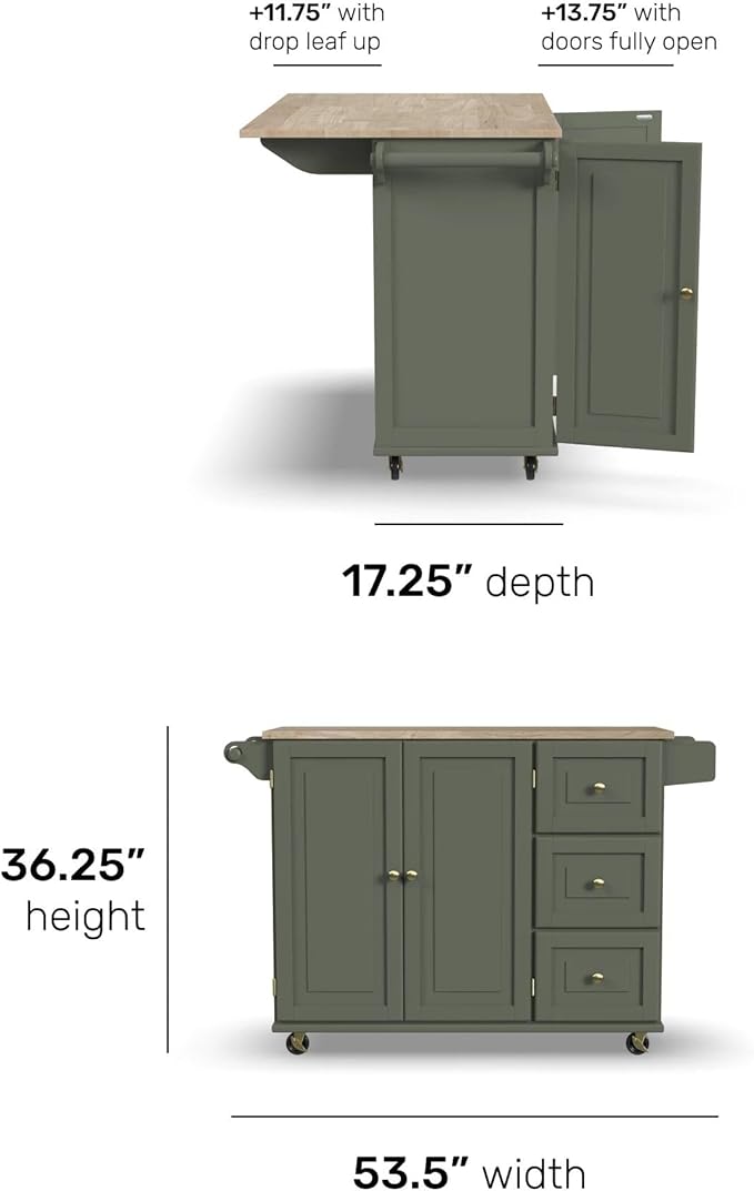Homestyles Mobile Kitchen Island Cart with Wood Top and Dropleaf Breakfast Bar, 18" D x 53.5" W x 36" H, Green