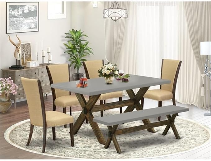 East West Furniture X797VE703-6 6 Piece Dining Set Contains a Rectangle Dining Room Table with X-Legs and 4 Brown Linen Fabric Parson Chairs with a Bench, 40x72 Inch, Multi-Color